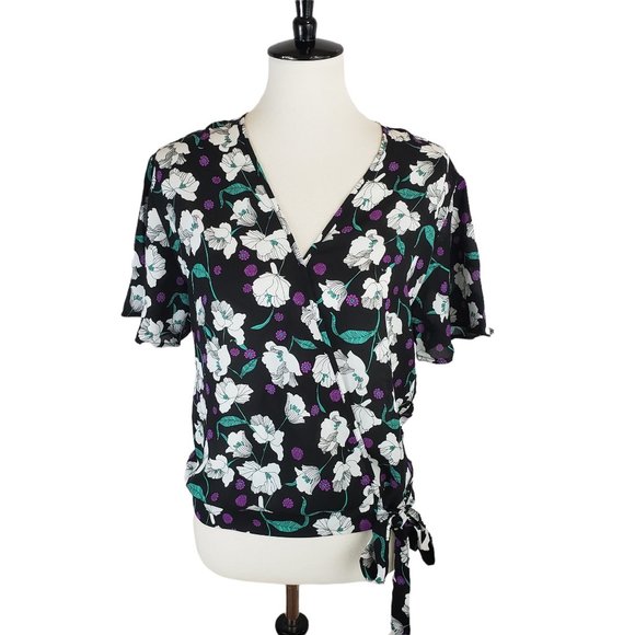 Sienna Sky | Tops | Sienna Sky Black Floral Vneck Faux Wrap Top Blouse ...